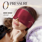Woman wearing a red mulberry sleep mask with text highlighting features on a white background