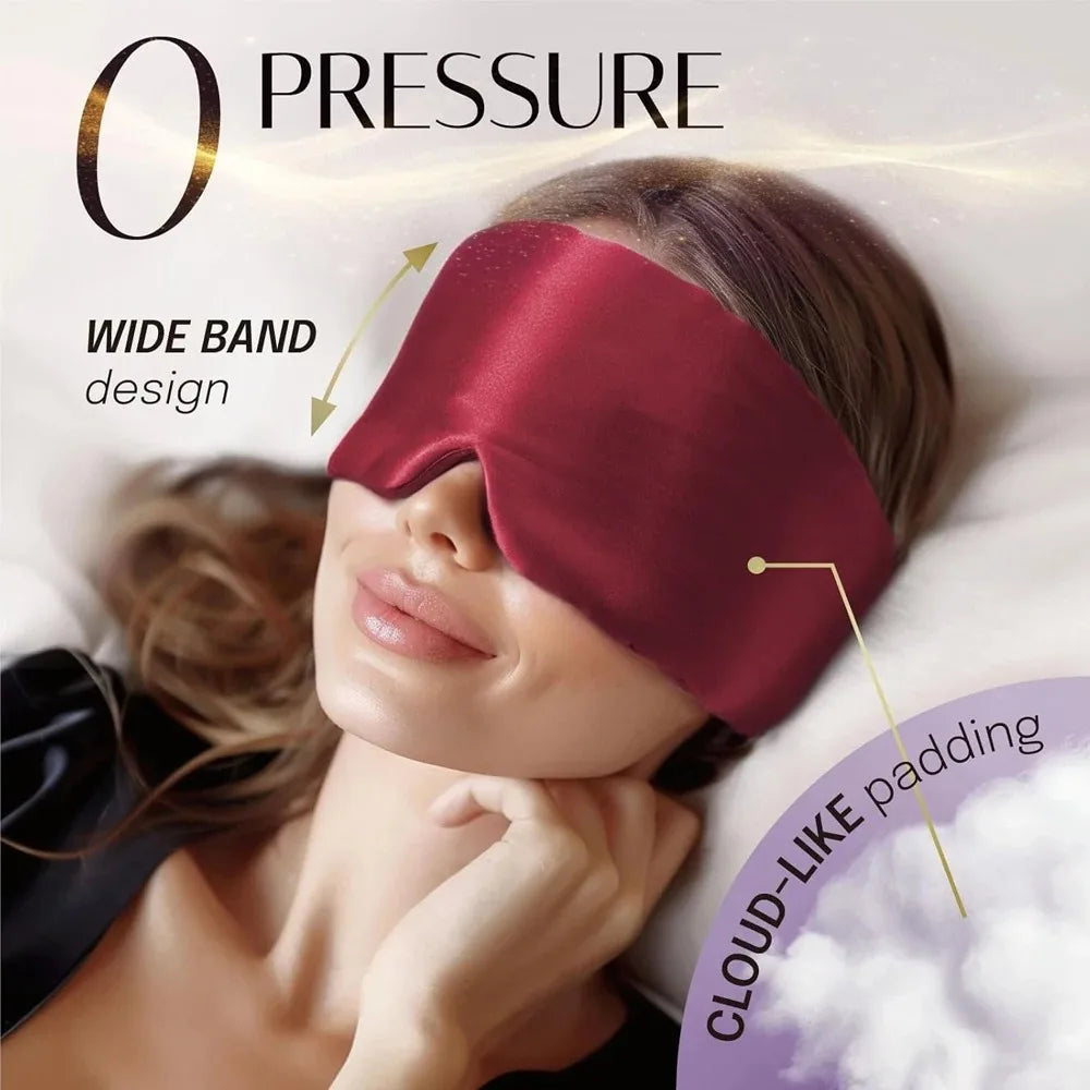Woman wearing a red mulberry sleep mask with text highlighting features on a white background