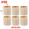 Set of six cylindrical hair rollers with gold rims and measurements on a white background