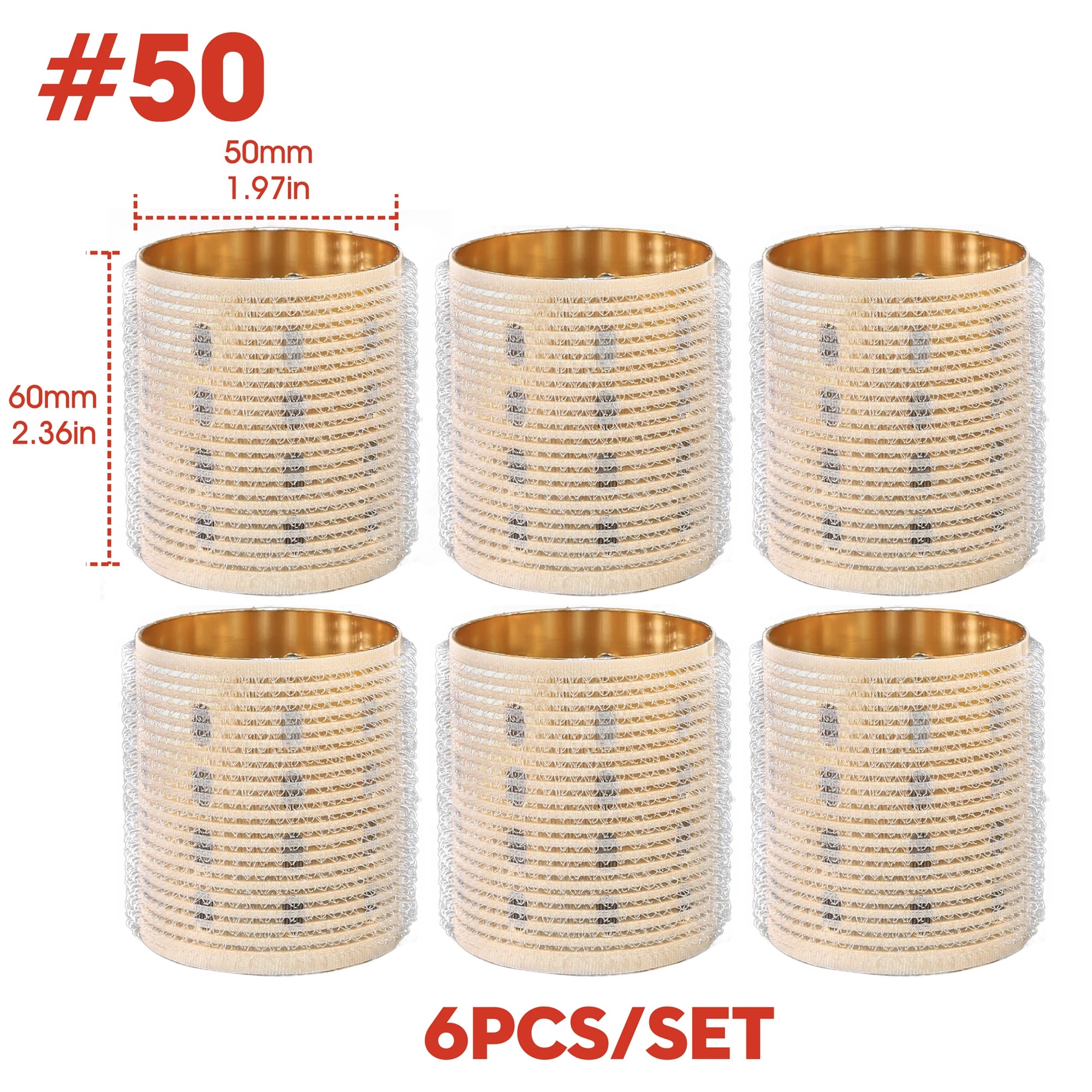 Set of six cylindrical hair rollers with gold rims and measurements on a white background