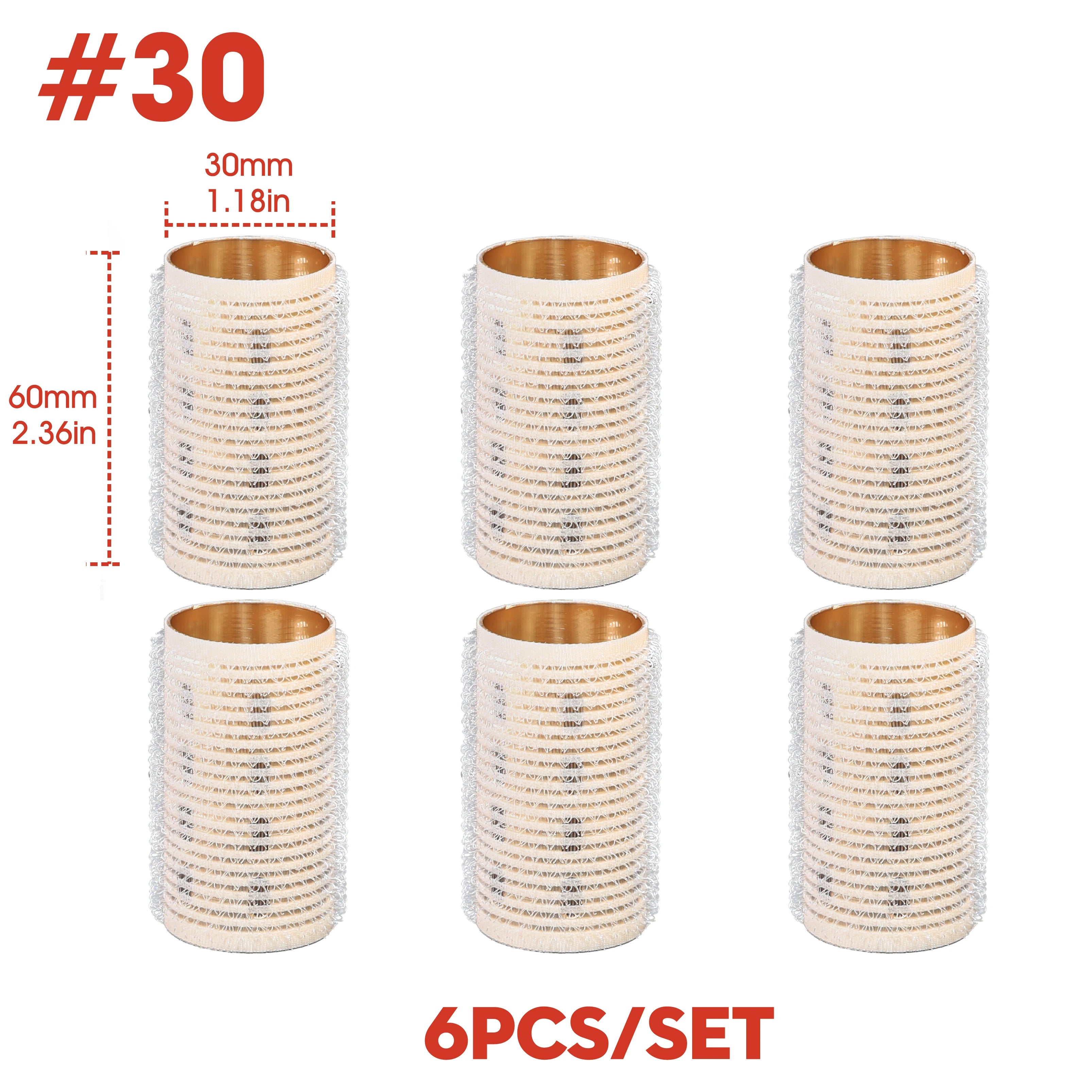Set of six cylindrical hair rollers with measurements and product code on a white background