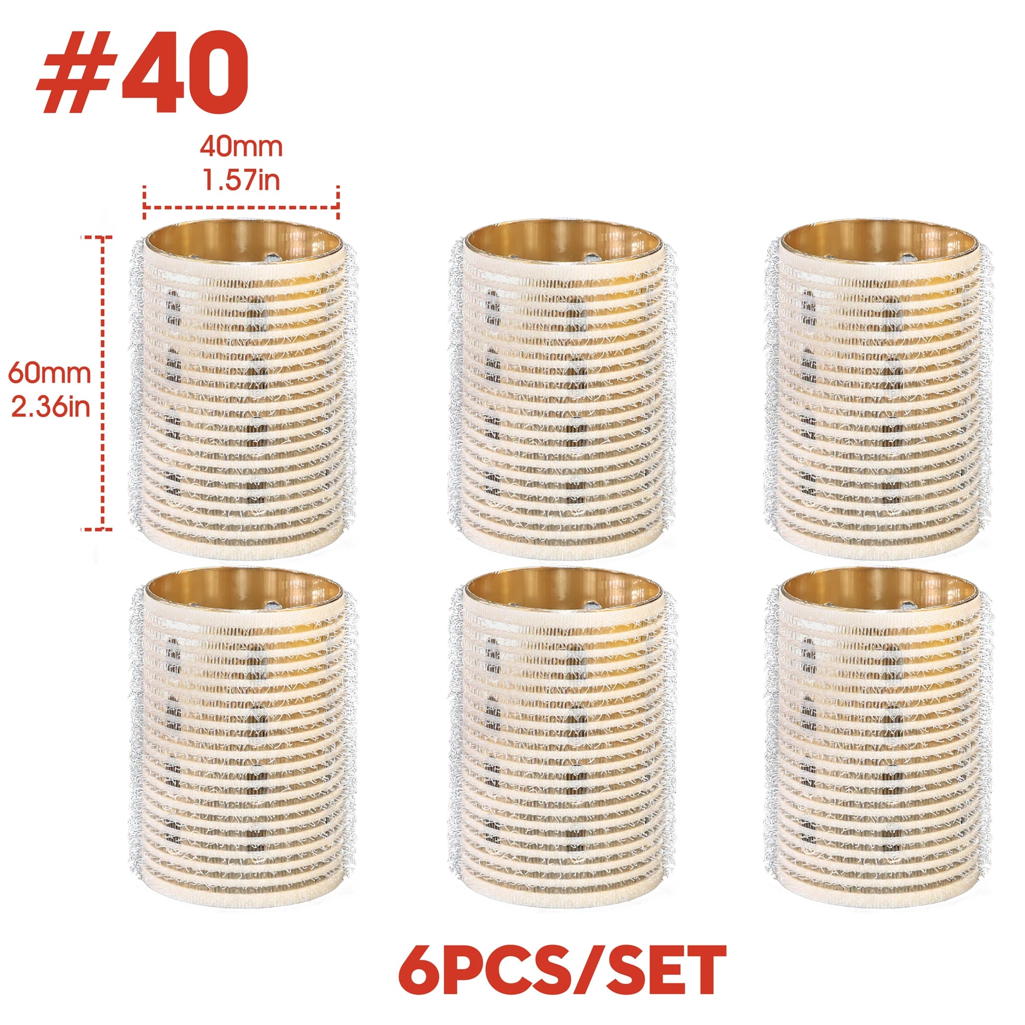 Set of six cylindrical hair rollers with dimensions and set information on a white background
