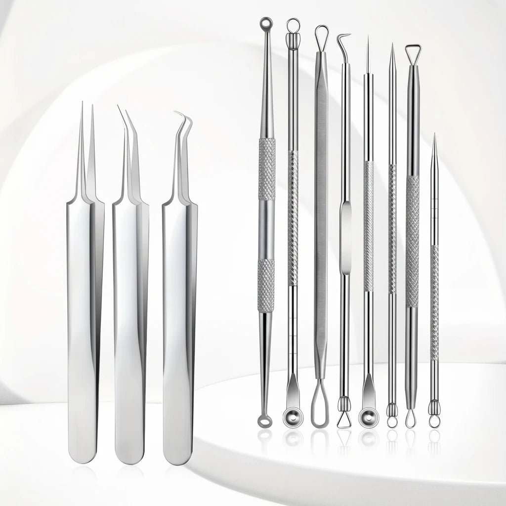 Set of 11 acne needles on a white background.