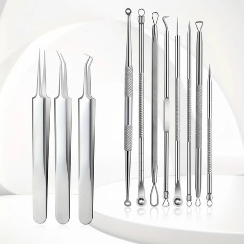 Set of 11 acne needles on a white background.