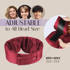 Red mulberry silk hair bonnet with adjustable strap, shown on a beige background with text indicating adjustable size.