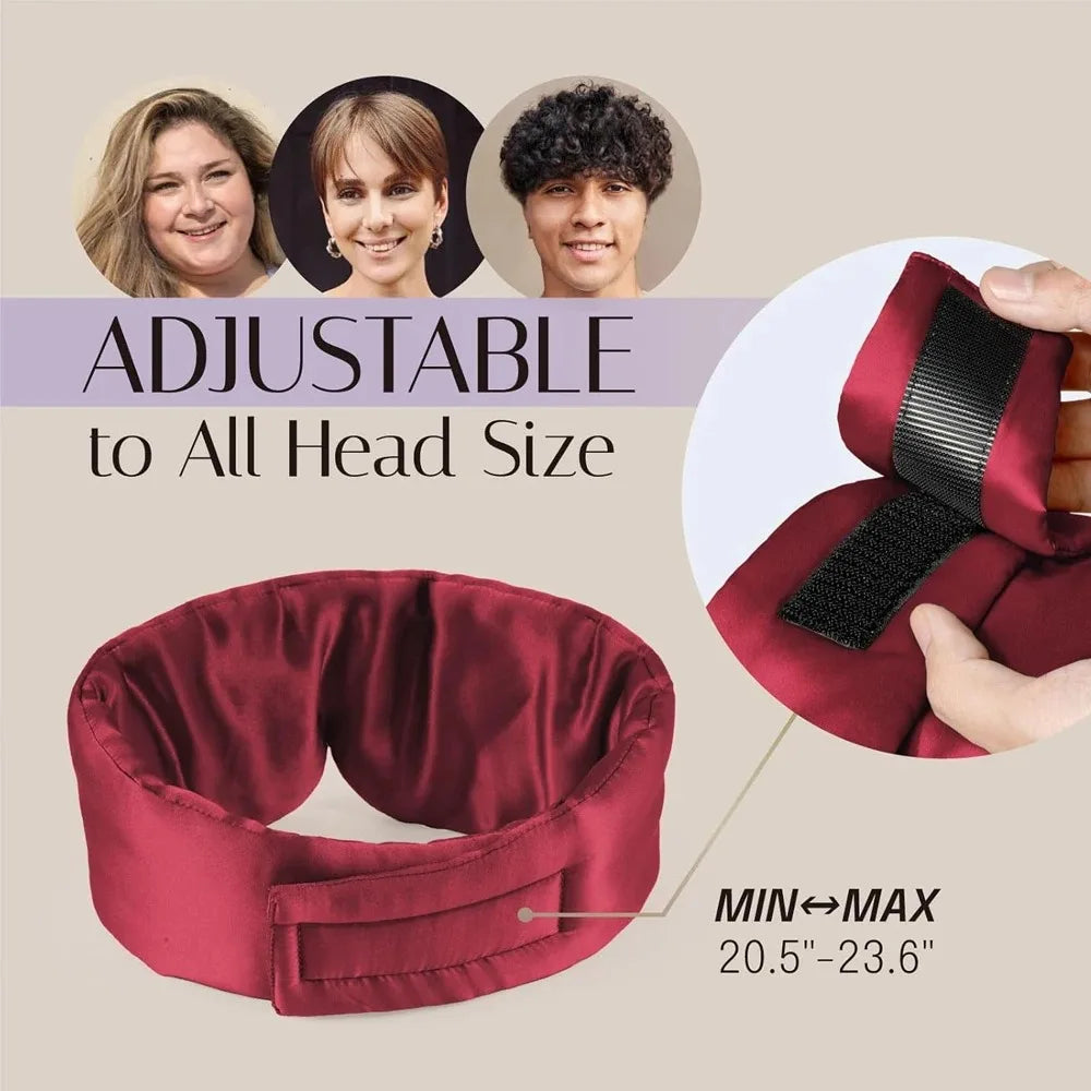 Red mulberry silk hair bonnet with adjustable strap, shown on a beige background with text indicating adjustable size.