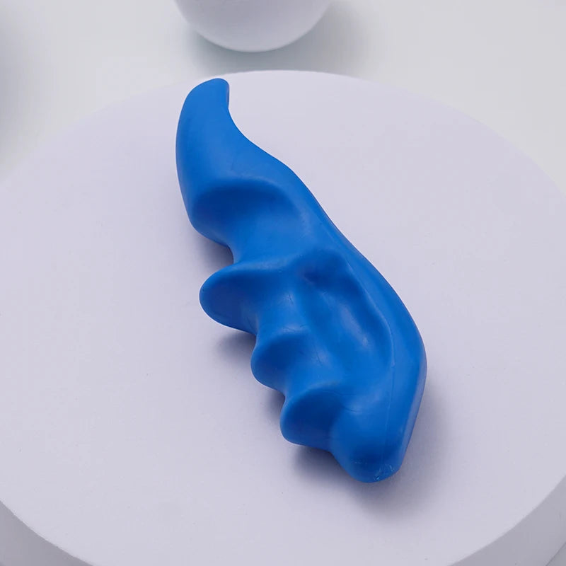 Blue, wavy Silicone shoulder massage tool on a white background