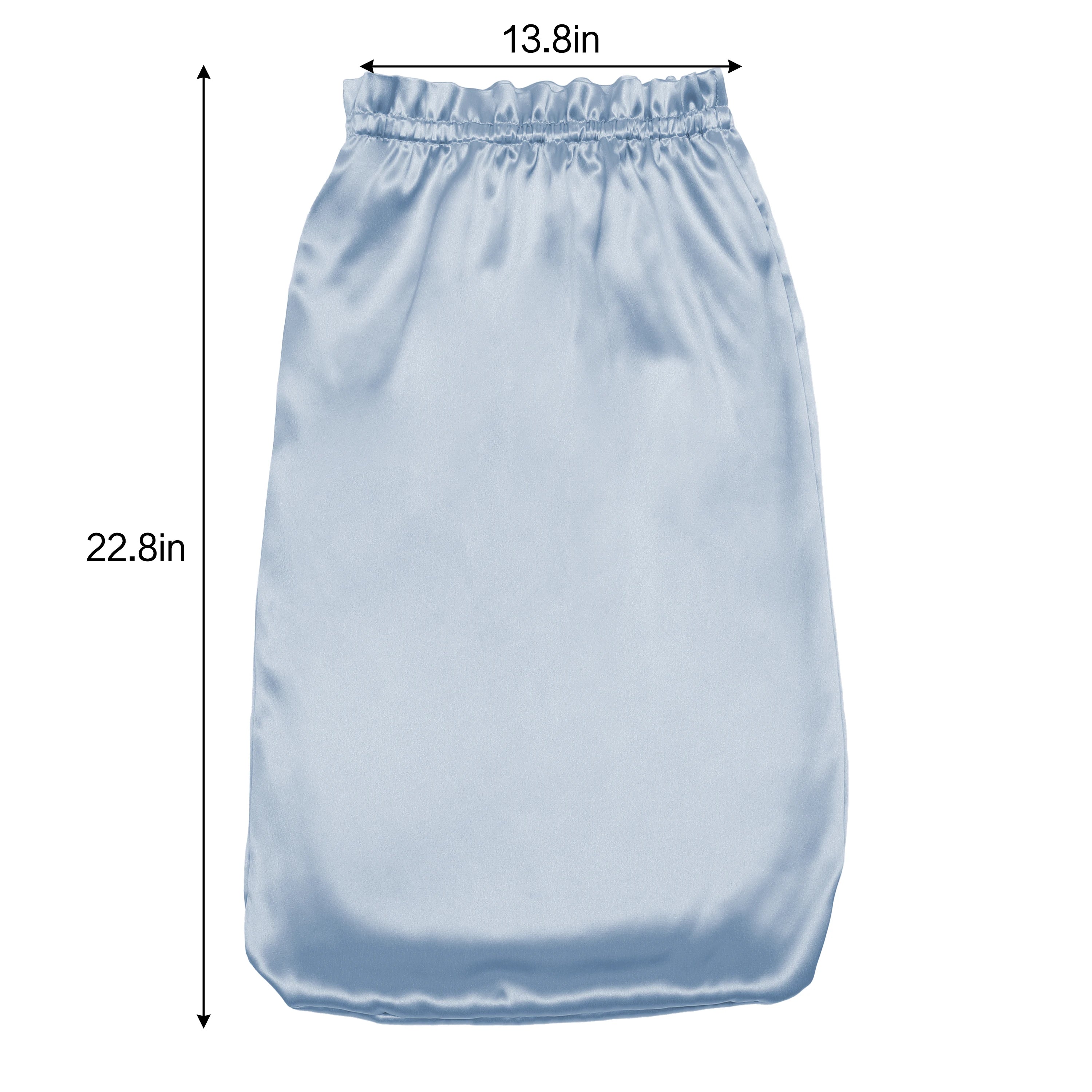 Light blue pure mulberry silk bonnet headscarf with measurements on a white background