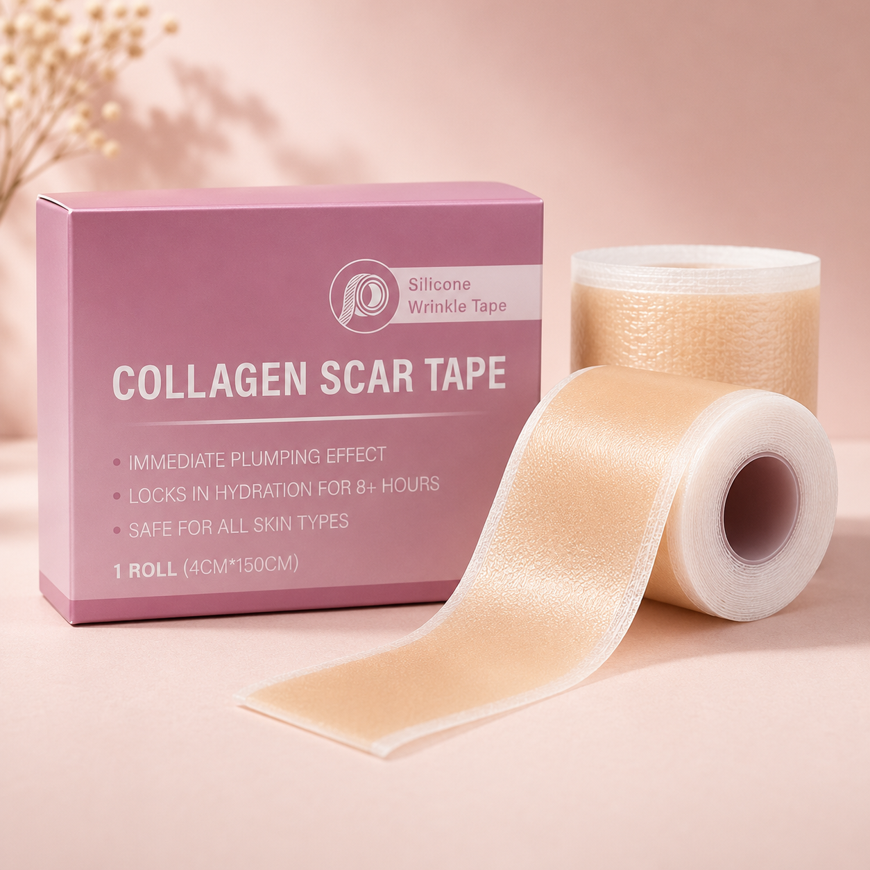 Silicone Wrinkle Tape collagen scar tape shown with its pink retail box and two rolls, one of which is unrolled to display the beige tape. The background is a soft, warm beige-pink studio setting.