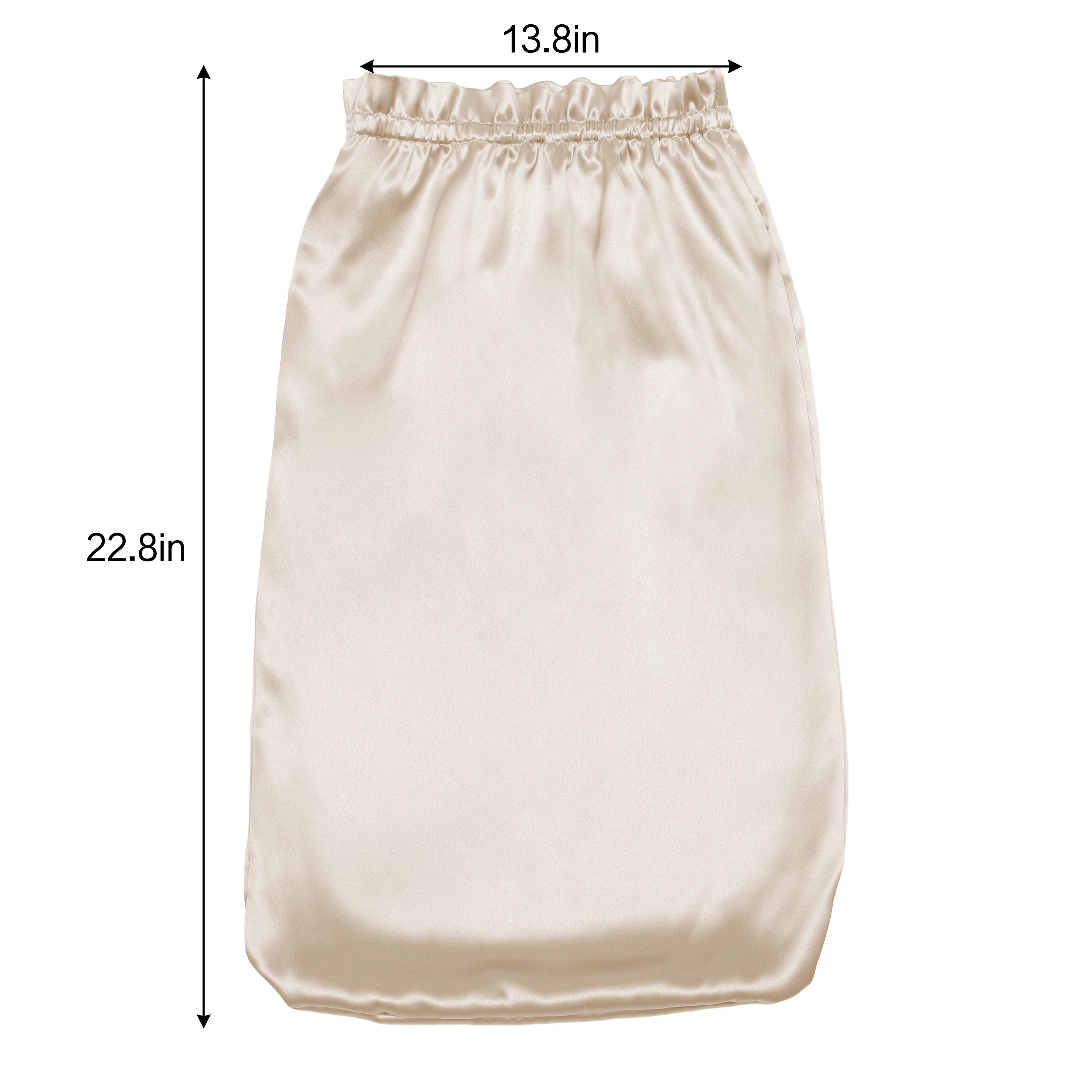Beige pure mulberry silk bonnet headscarf with measurements on a white background