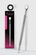 A double-ended manicure tool shown next to its retail packaging. The tool has a polished silver metal finish with textured grip sections and a rounded, spoon-like end on each side.