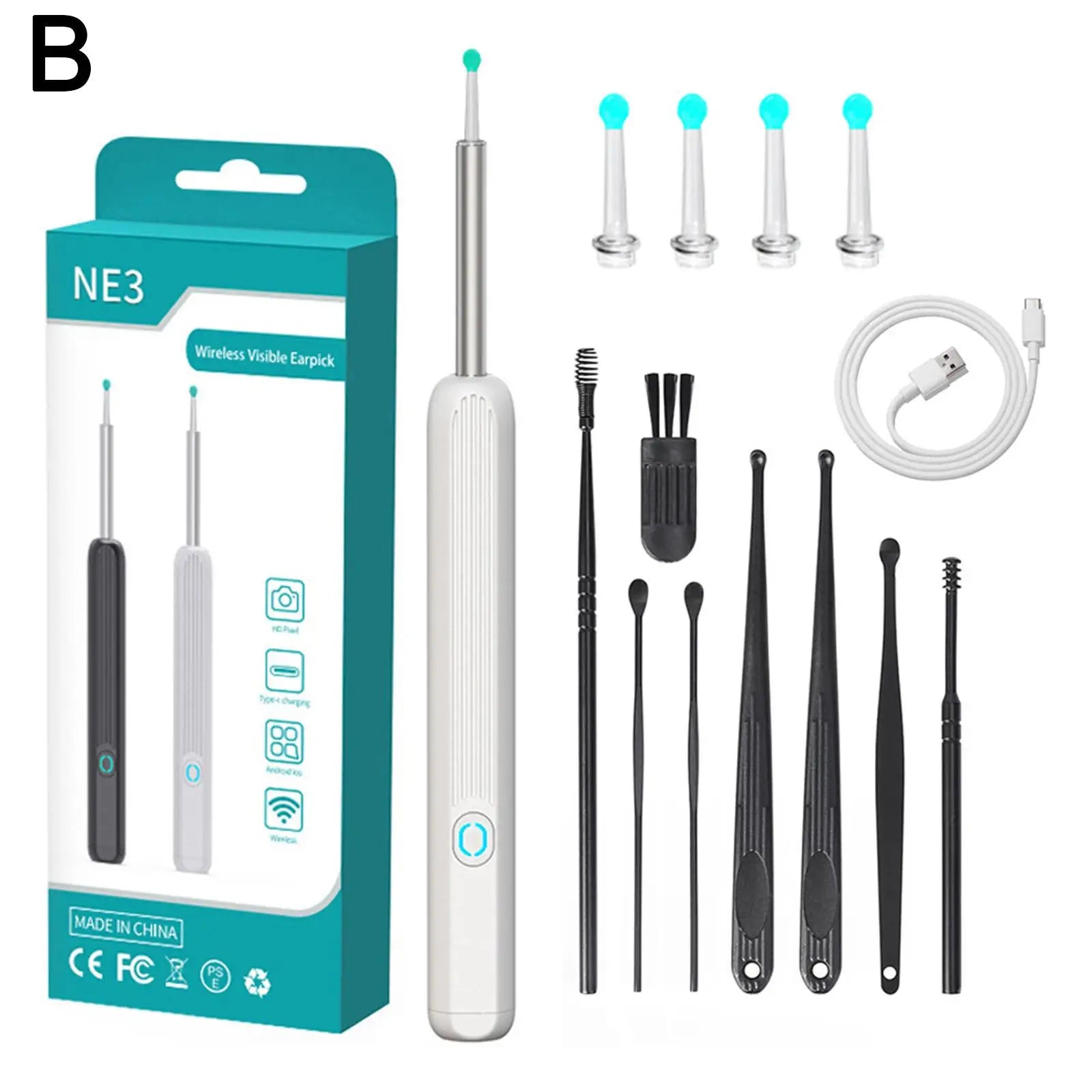 Ear cleaning tool set with packaging, ear pick, and attachments on a white background
