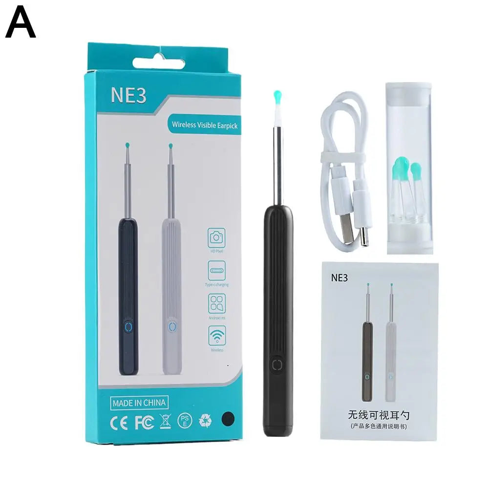 Wireless earpick with packaging and accessories on a white background