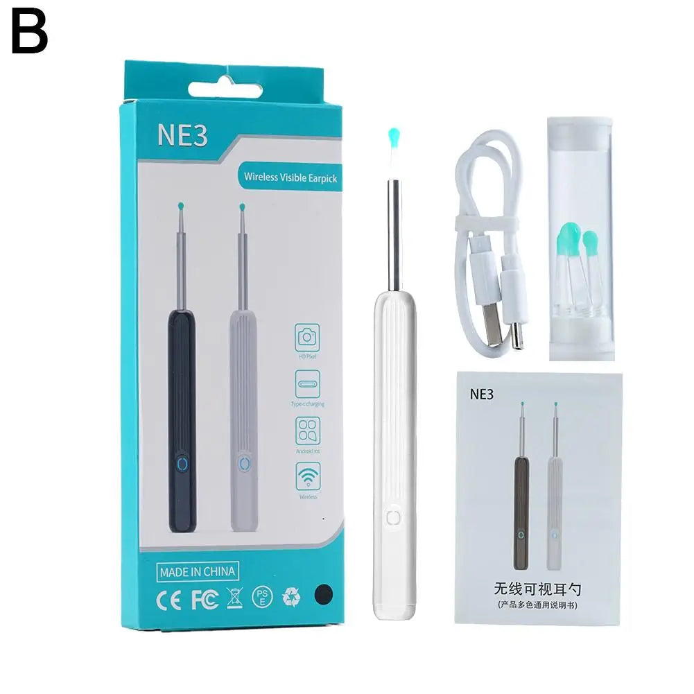 Wireless earpick set with packaging and accessories on a white background