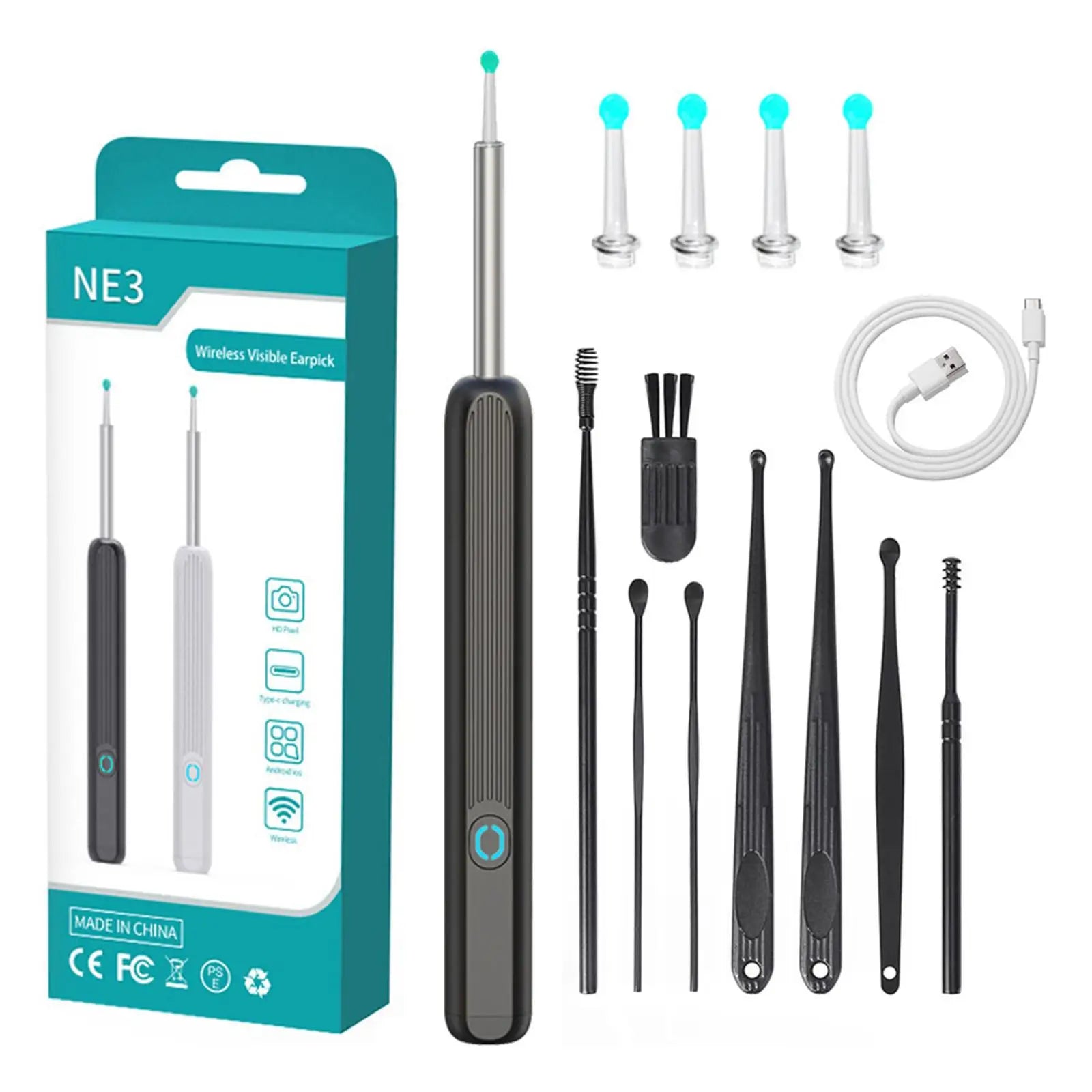 Ear cleaning tool set with packaging, ear picks, and charging cable on a white background