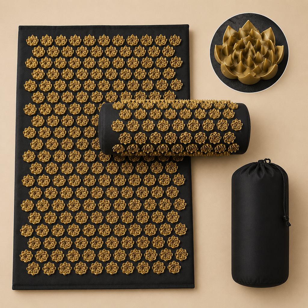 Black and gold acupressure mat set with a matching cylindrical pillow, shown alongside its black drawstring storage pouch on a beige background. A circular inset at the top right shows a close-up of the gold acupressure rose texture.