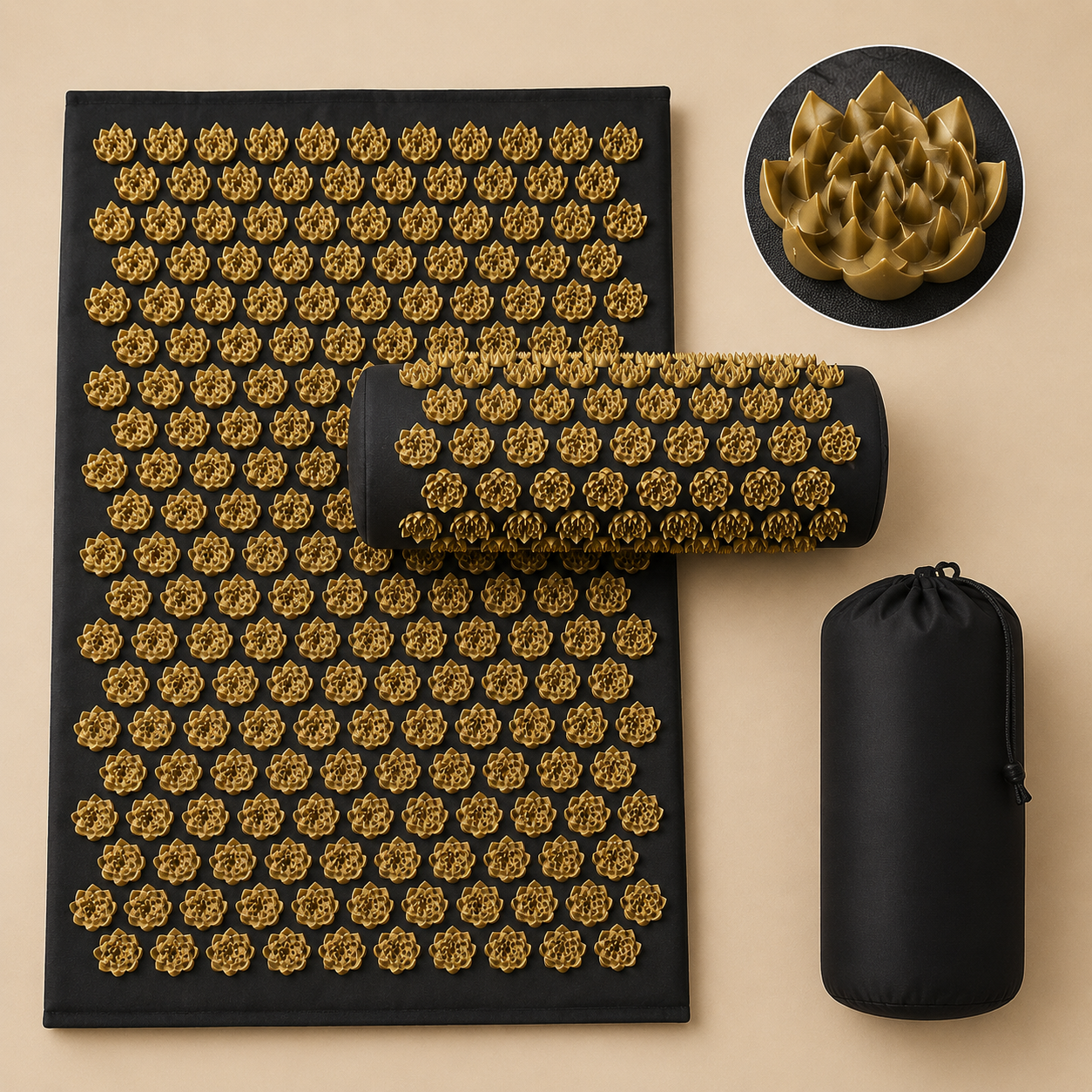 Black and gold acupressure mat set with a matching cylindrical pillow, shown alongside its black drawstring storage pouch on a beige background. A circular inset at the top right shows a close-up of the gold acupressure rose texture.