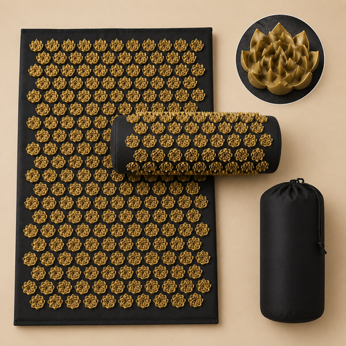 Black and gold acupressure mat set with a matching cylindrical pillow, shown alongside its black drawstring storage pouch on a beige background. A circular inset at the top right shows a close-up of the gold acupressure rose texture.