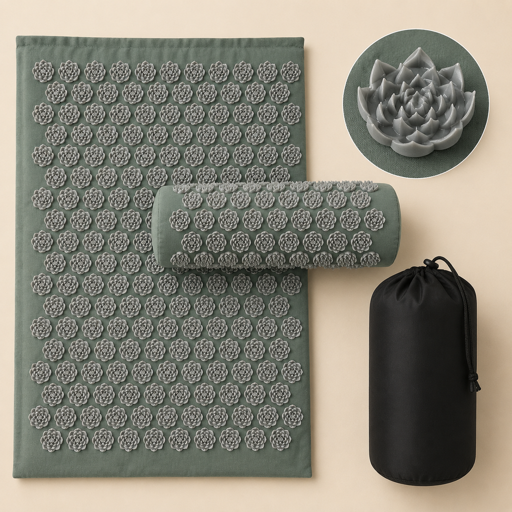 A green acupressure mat with a matching rolled-up cushion, shown on a beige background with a black drawstring storage bag and a circular inset showing a close-up of the textured rose design.