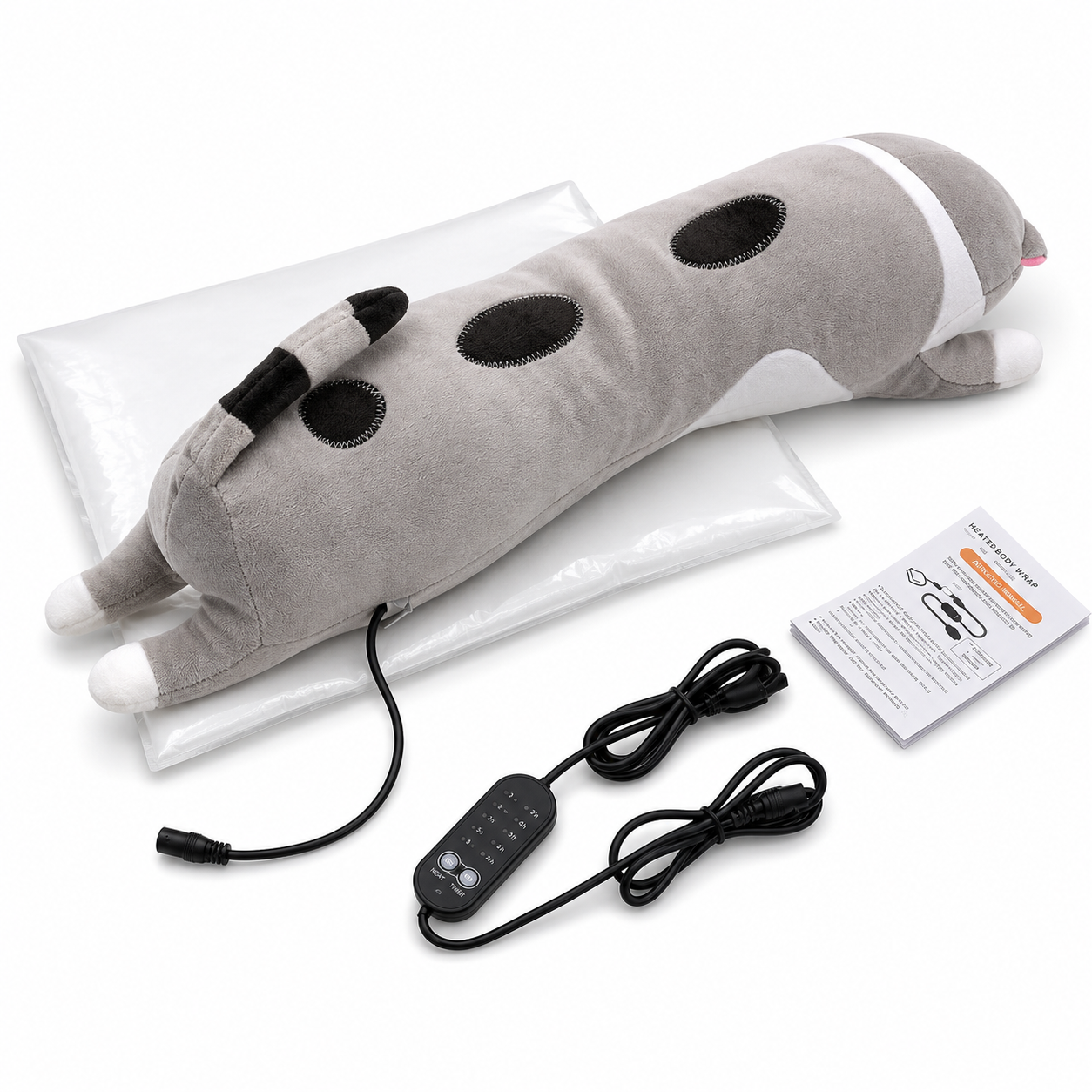 A plush cat-shaped heating pad shown with its clear plastic cover, black wired controller, power cord, and small instruction booklet on a white background.