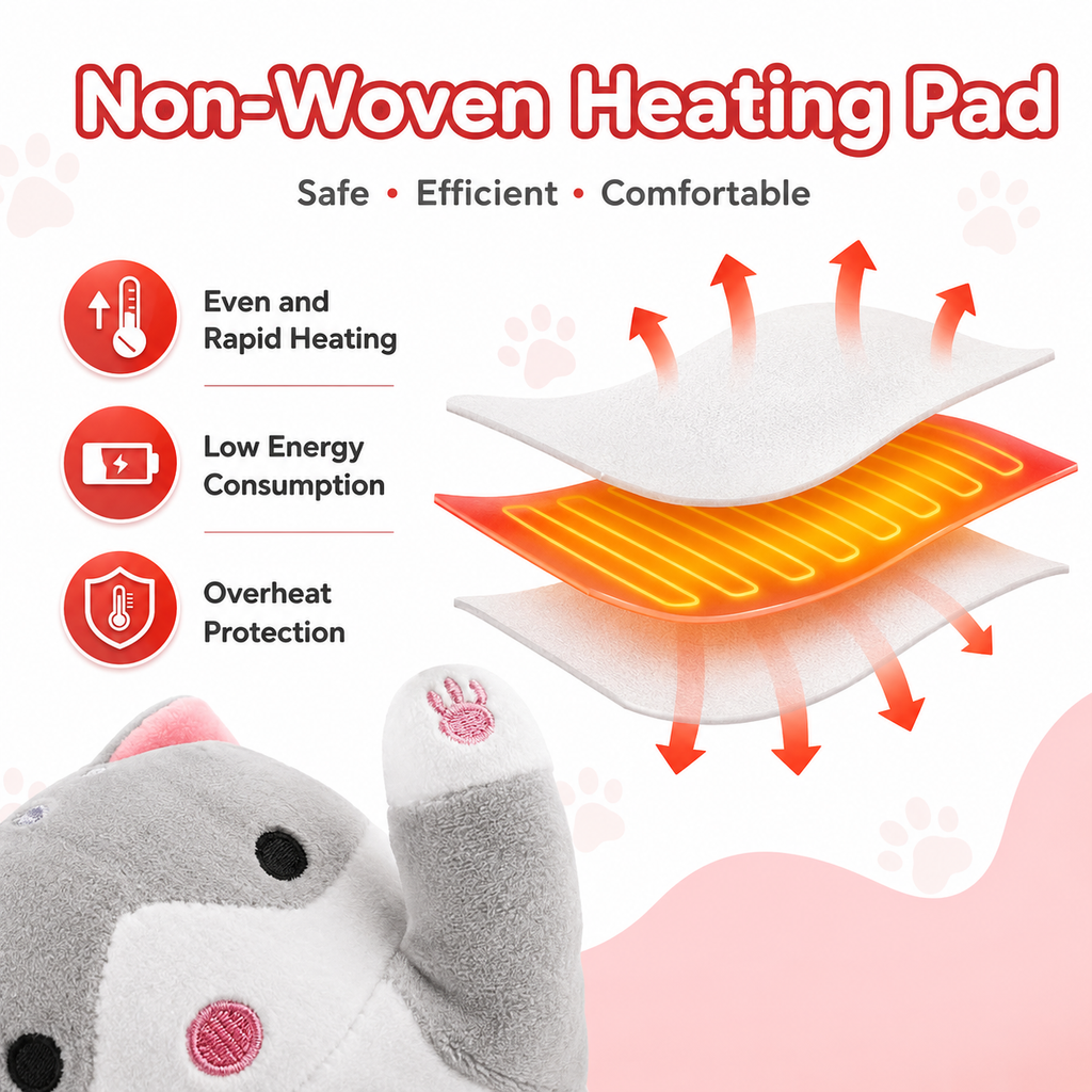 Promotional graphic for a non-woven pet heating pad, showing a gray plush toy with a pink paw print patch on the paw, alongside layered diagrams of the heating pad with red arrows indicating warmth. Text highlights features like even and rapid heating, low energy consumption, and overheat protection.