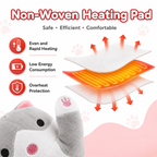 Promotional graphic for a non-woven pet heating pad, showing a gray plush toy with a pink paw print patch on the paw, alongside layered diagrams of the heating pad with red arrows indicating warmth. Text highlights features like even and rapid heating, low energy consumption, and overheat protection.