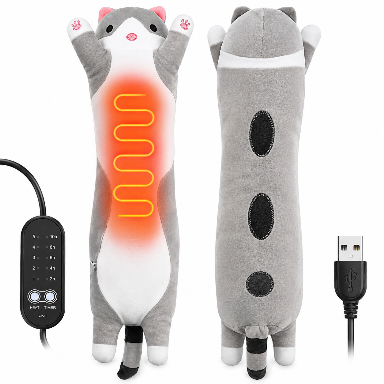 A gray and white cat-shaped heated plush pillow shown from the front and back, with a black USB controller and USB cable on a white background. The front view highlights the glowing orange heating element on the belly.