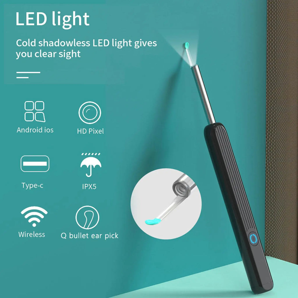 Black ear cleaning tool with LED light on a teal background with information 