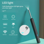 Black ear cleaning tool with LED light on a teal background with information 