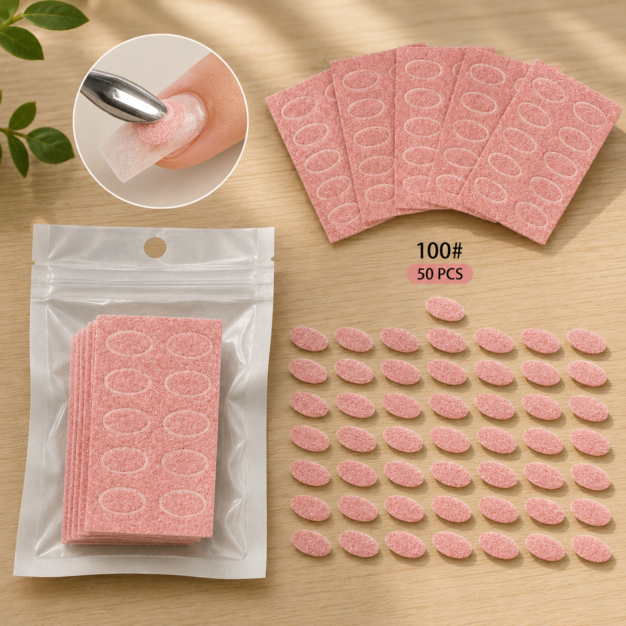 Pink oval-shaped adhesive nail tips shown both packaged in a clear zip pouch and unpackaged on a light wood surface, with a small inset demonstrating one tip applied to a fingernail. Text reads '100# 50 PCS'.