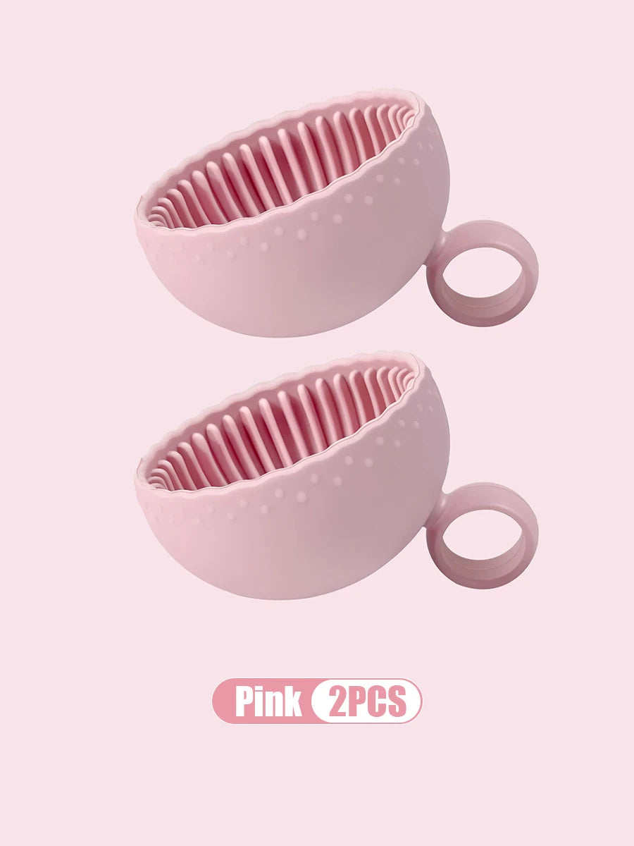 Pink Silicone Makeup brush cleaner 2x on a light pink background with 'Pink 2PCS' text.