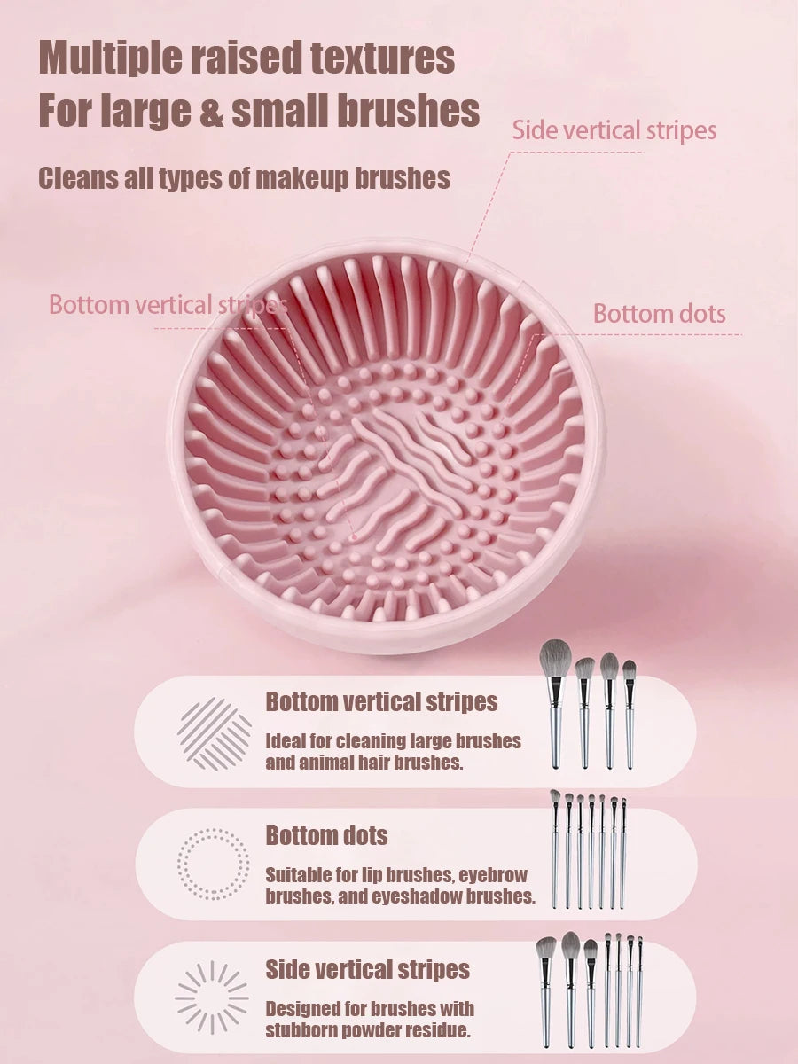 Makeup brush cleaning device with text describing its features on a pink background. Pink Silicone Makeup brush cleaner
