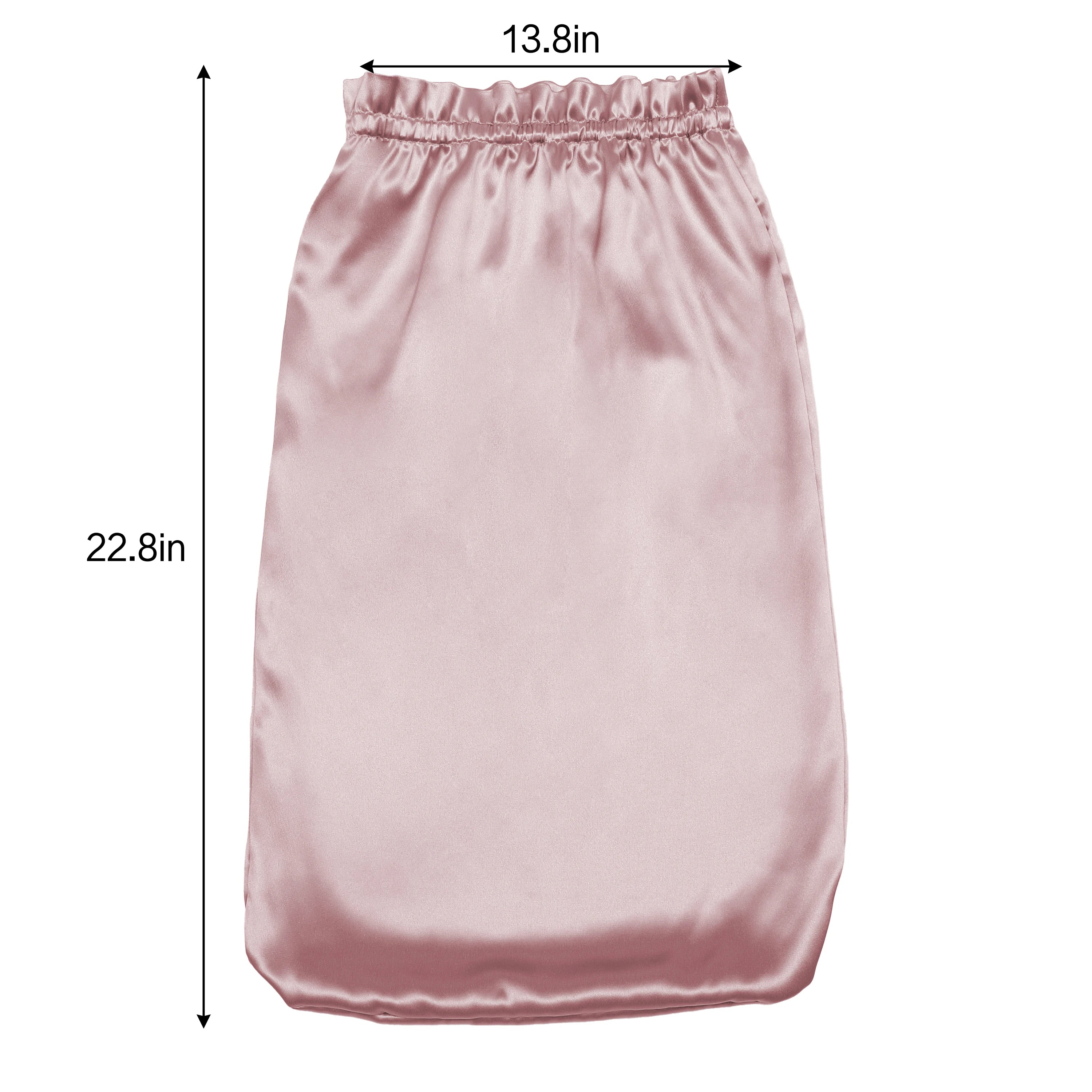 Pink pure mulberry silk bonnet headscarf skirt with measurements on a white background