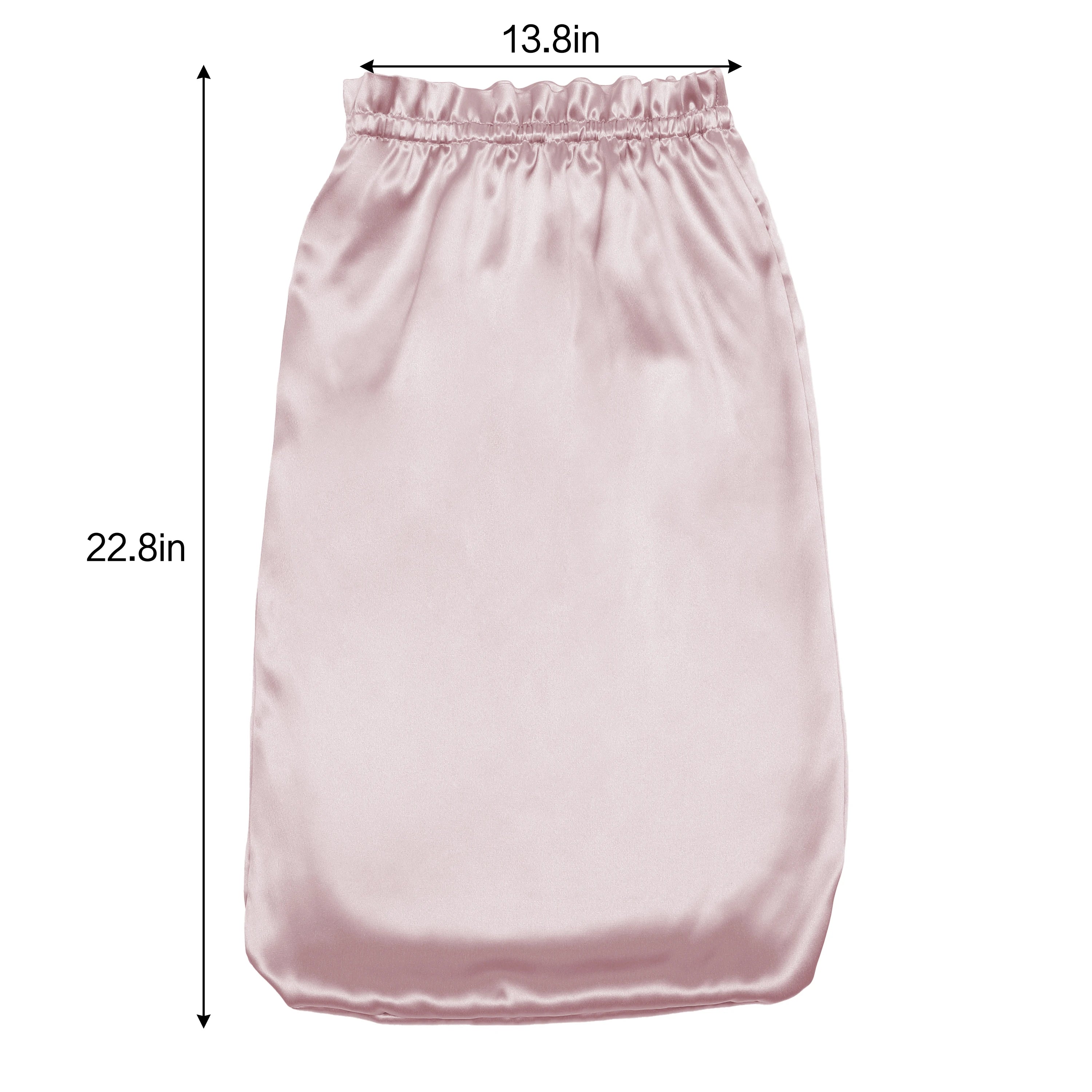 Pink  pure mulberry silk bonnet headscarf with measurements on a white background