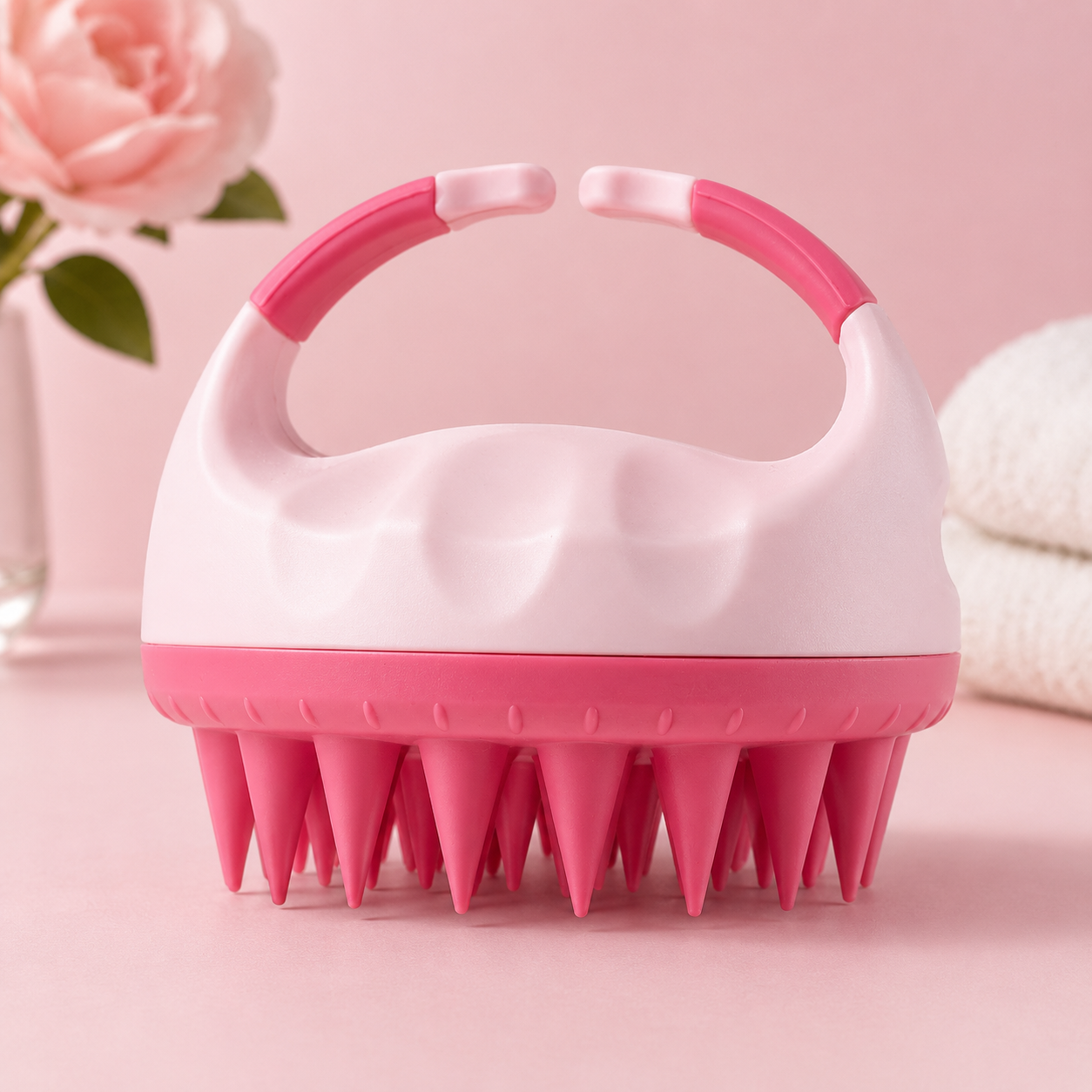 Pink and white silicone scalp massage brush with a carrying handle, shown on a soft pink surface with a blurred rose and folded towel in the background.