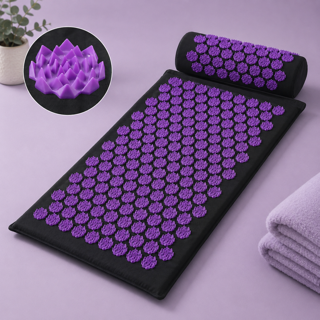 Black acupressure mat with purple flower-shaped massage nodes, shown with a matching cylindrical pillow and a circular inset detail of the textured nodes. A folded light purple towel and a small plant are placed nearby on a pale lavender surface.