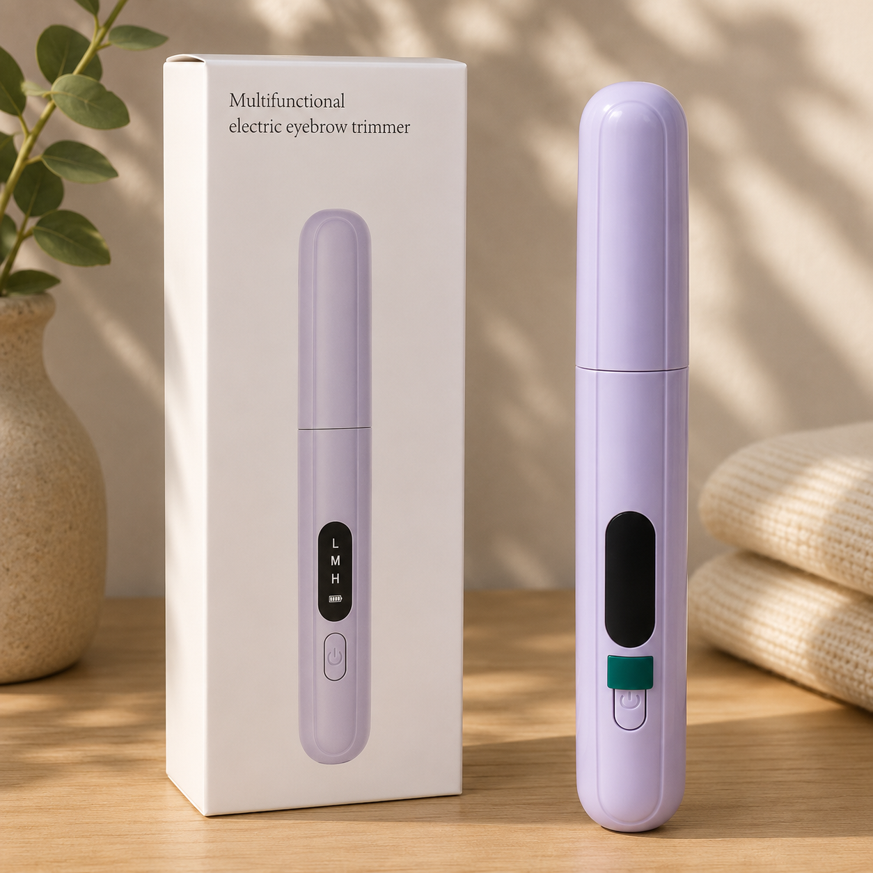 A lavender purple multifunctional electric eyebrow trimmer shown next to its white retail box on a wooden table, with a vase of green leaves and folded beige towels in the background.