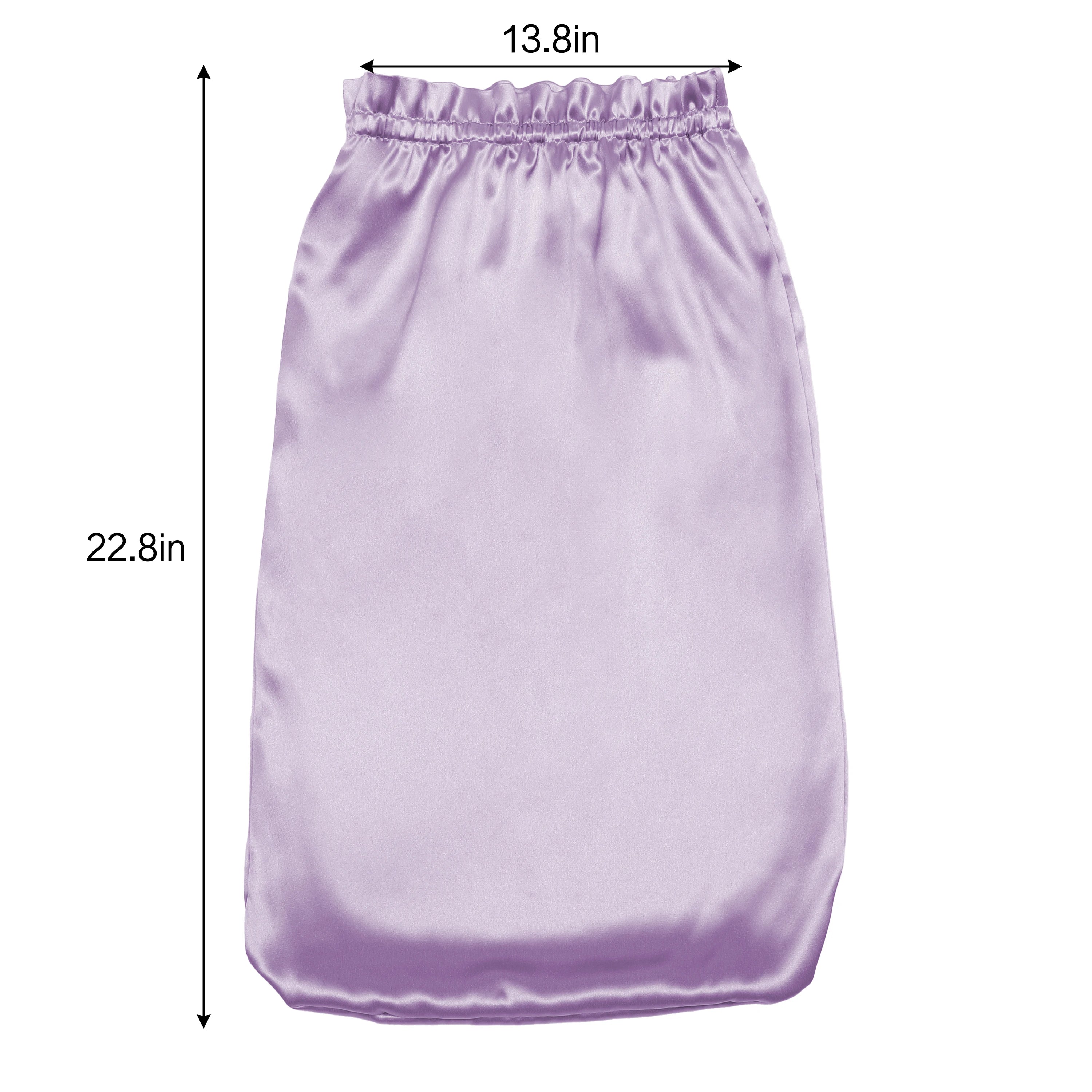 Purple pure mulberry silk bonnet headscarf with measurements on a white background