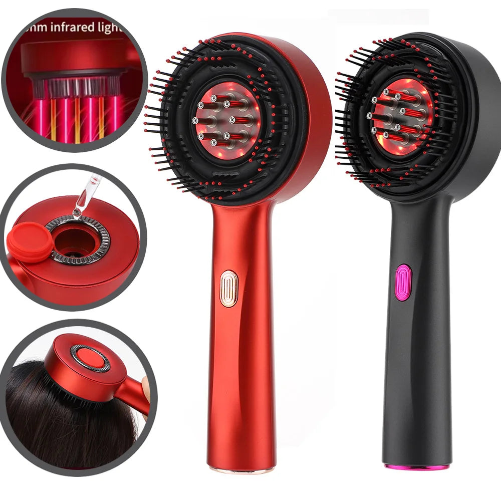 Red and black hair styling tool with close-up insets on a white background