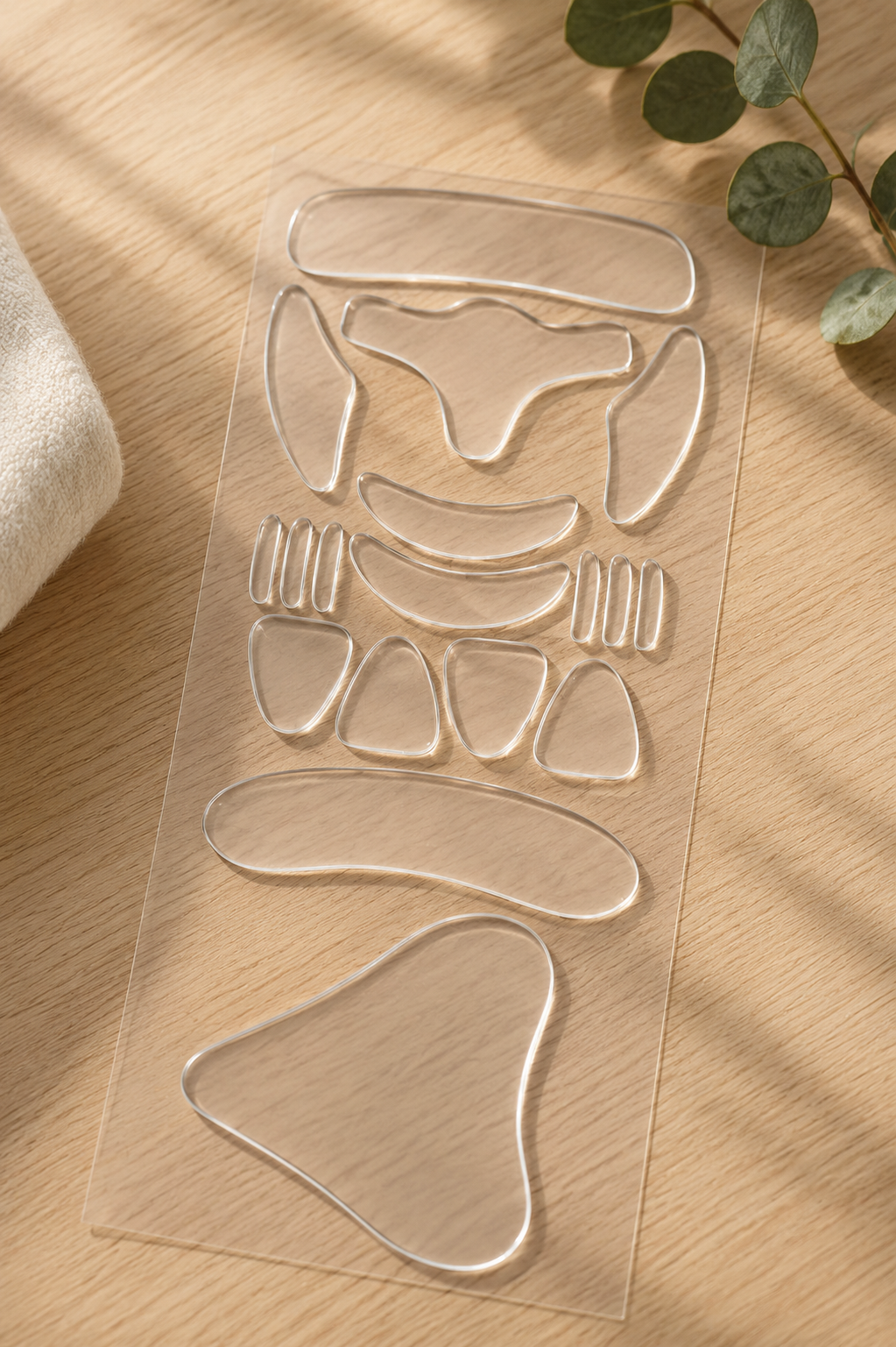 A set of clear, transparent silicone or plastic body contouring pieces arranged on a transparent sheet, displayed on a light wood surface with soft shadows and green leaves in the corner.