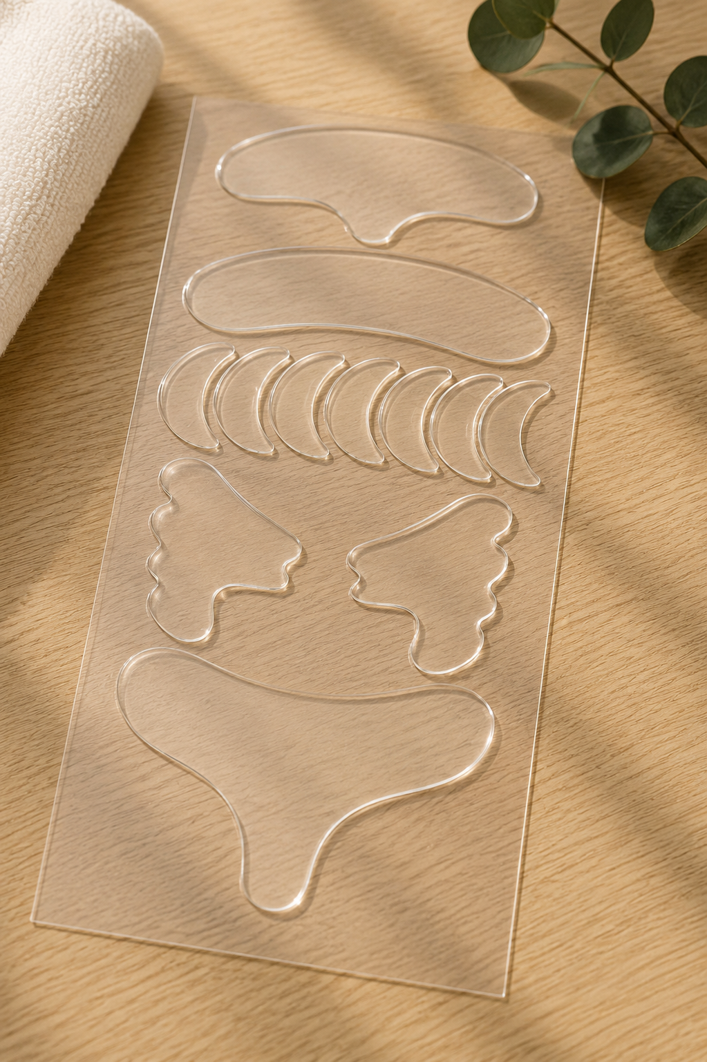 A clear plastic sheet containing multiple transparent gel eye mask patches arranged in different shapes, photographed on a light wood surface with a folded white towel and green leaves as props.