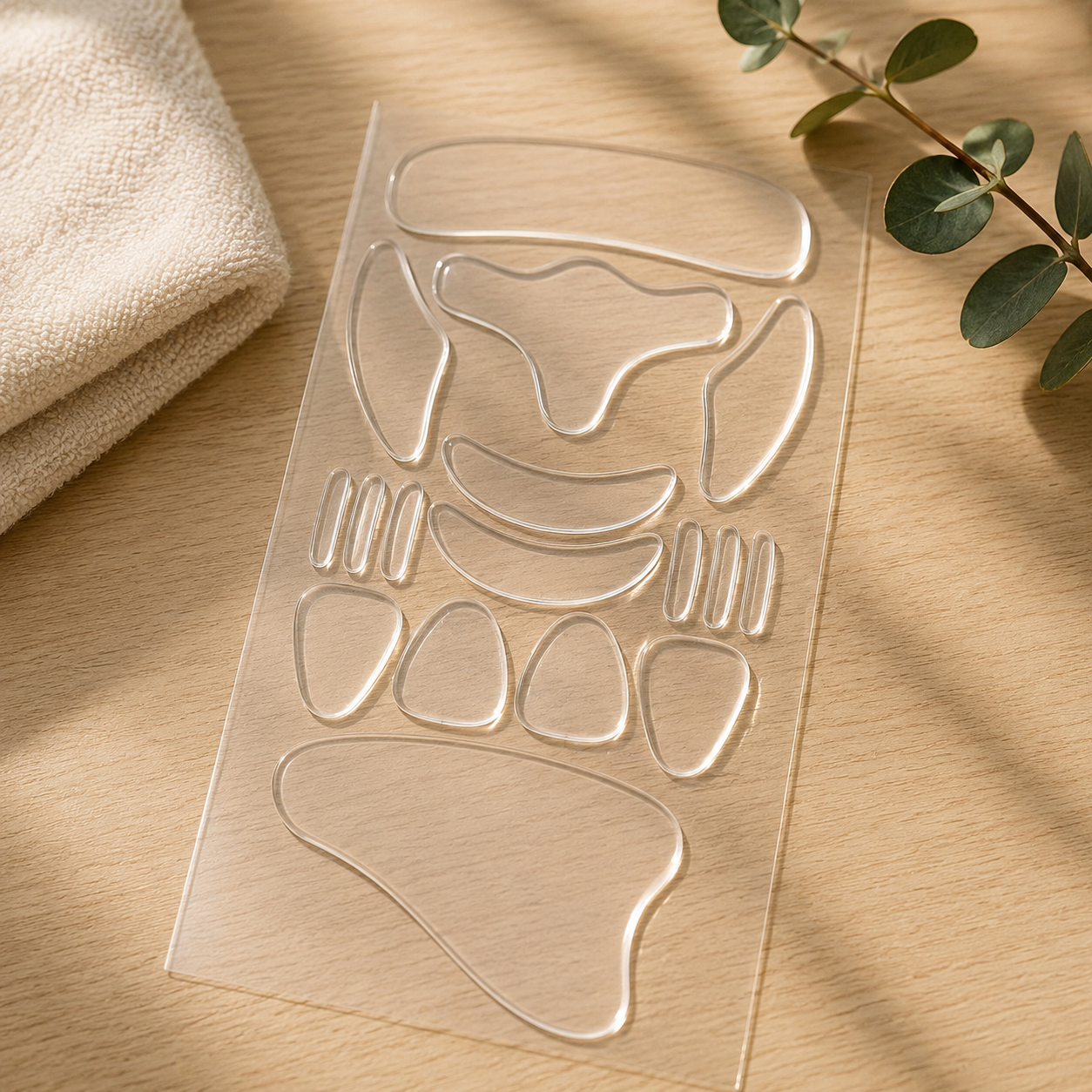 A clear plastic sheet containing multiple transparent cutout pieces arranged on a light wood surface, with a folded beige cloth and green leaves in the background.