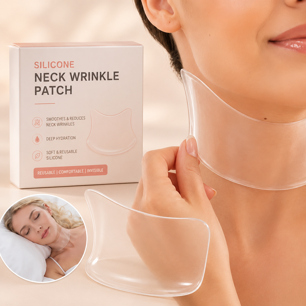 Silicone neck wrinkle patch shown being applied to a woman's neck, with the product box, a loose patch, and a small inset photo of a woman sleeping at night on a soft beige background.