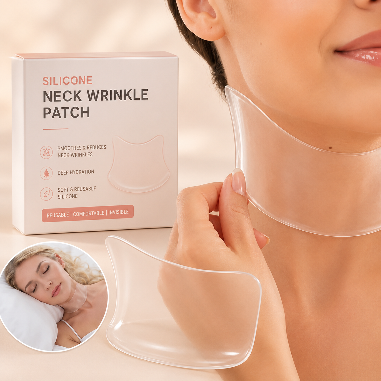 Silicone neck wrinkle patch shown being applied to a woman's neck, with the product box, a loose patch, and a small inset photo of a woman sleeping at night on a soft beige background.