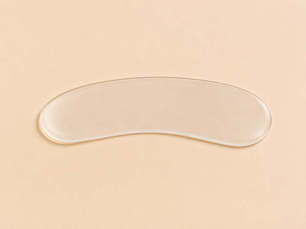 A clear, silicone curved gel pad or eye patch lying horizontally on a solid, warm beige background.