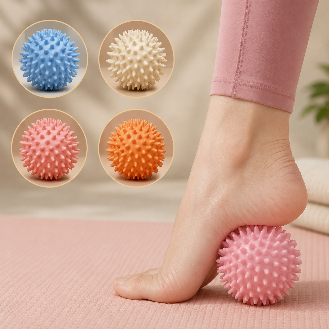 A pink spiky massage ball being used under a person's foot, with four circular inset images showing the ball in blue, cream, pink, and orange color options.