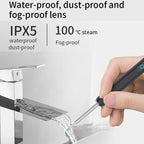 Person using a tool to clean a faucet with text about water-proof, dust-proof, and fog-proof lens features.