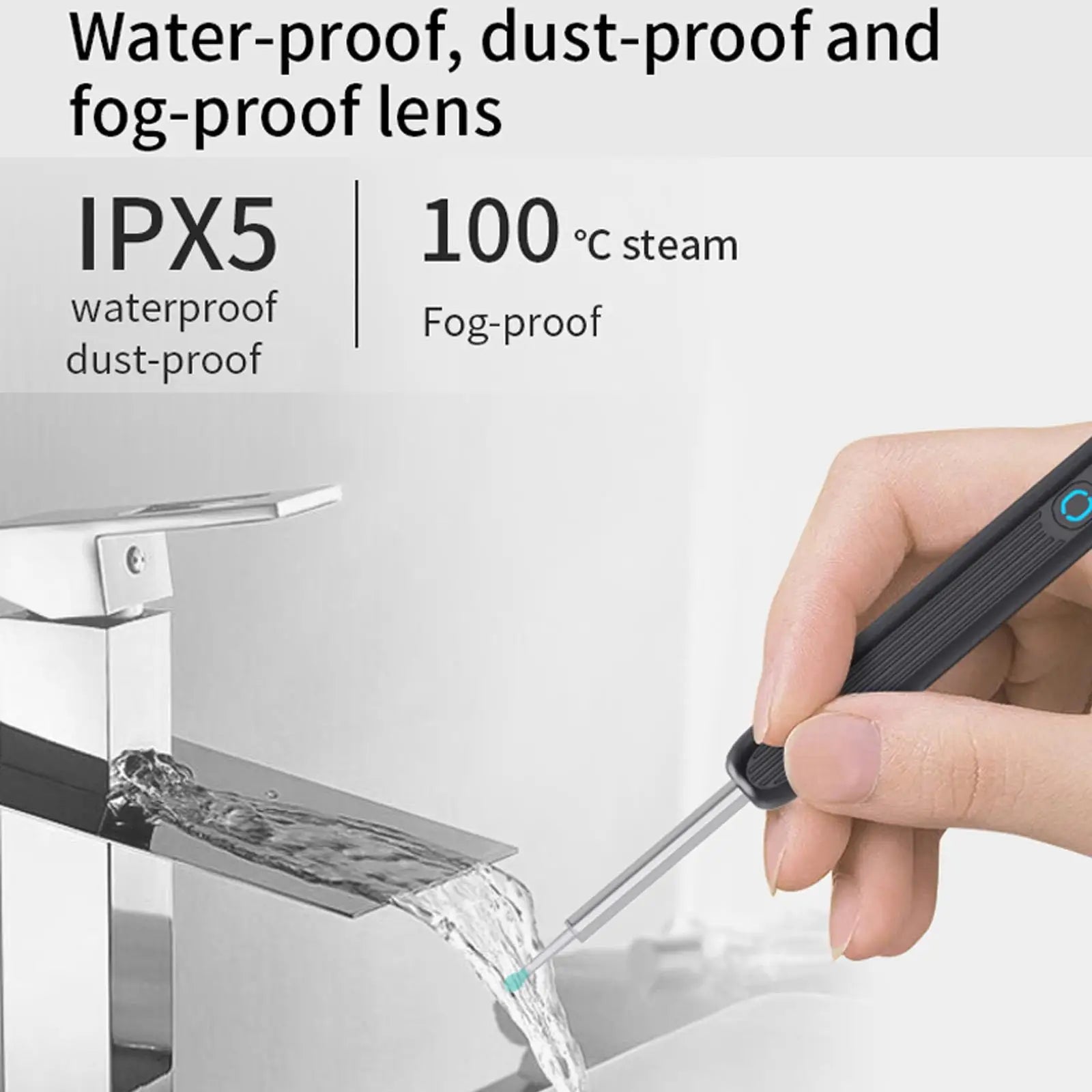 Person using a tool to clean a faucet with text about water-proof, dust-proof, and fog-proof lens features.