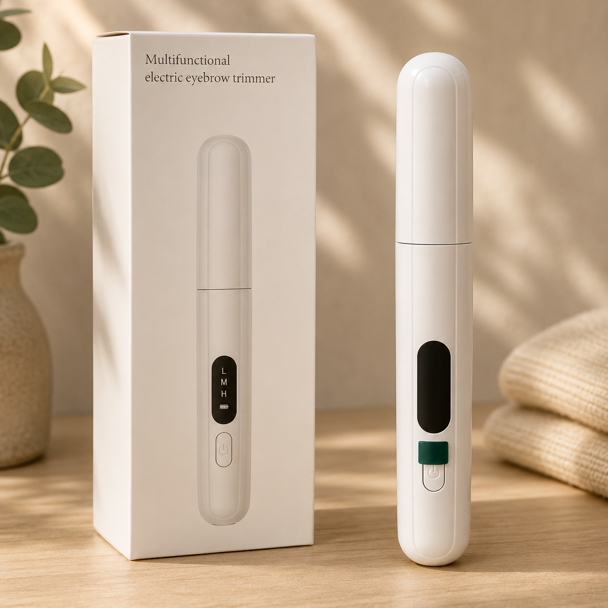 A white electric eyebrow trimmer shown next to its white retail box on a wooden surface, with soft sunlight and shadows, a plant, and folded fabric in the background.