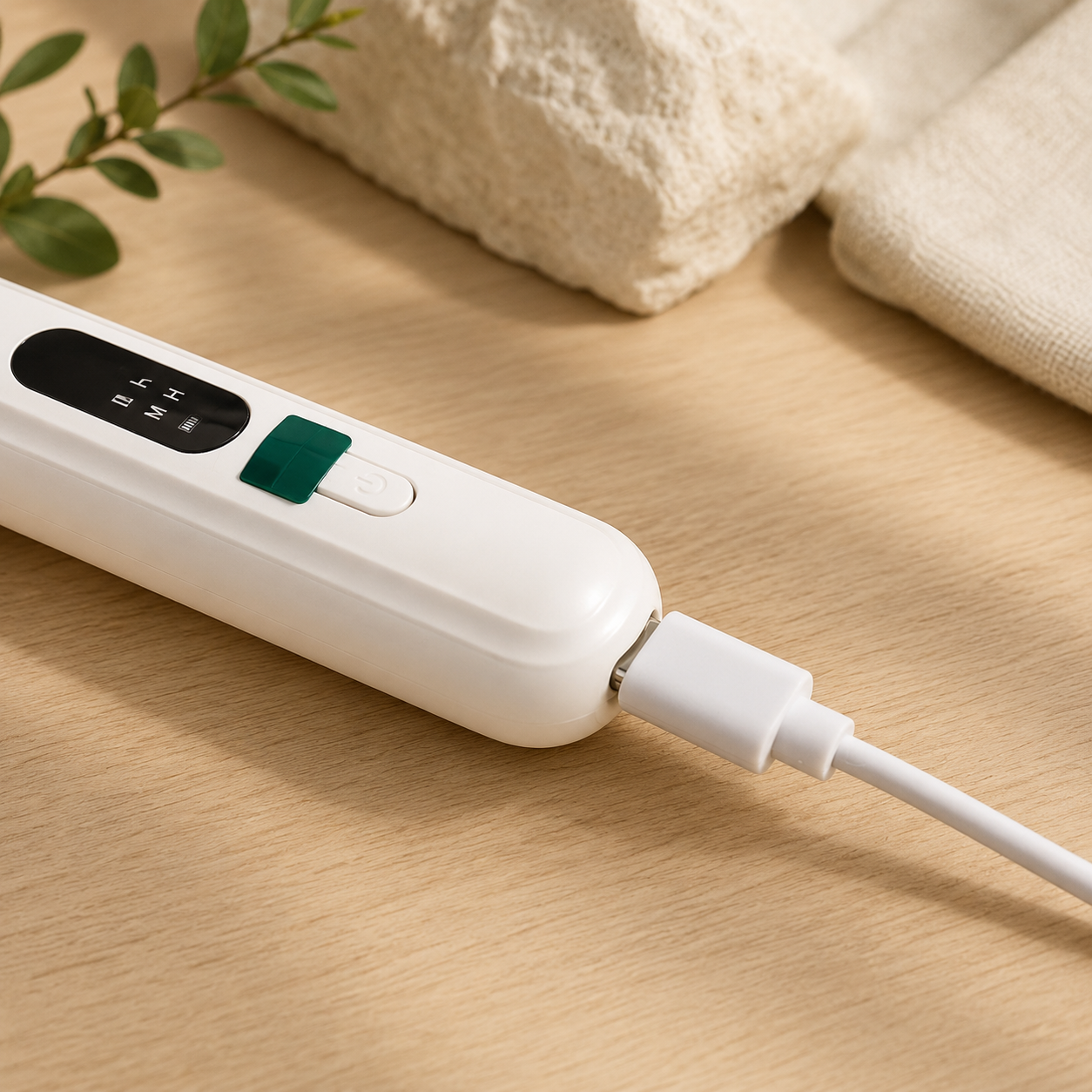 A close-up of a white handheld electronic device with a digital display and green accent button, connected to a white cable on a light wood surface with soft neutral props in the background.